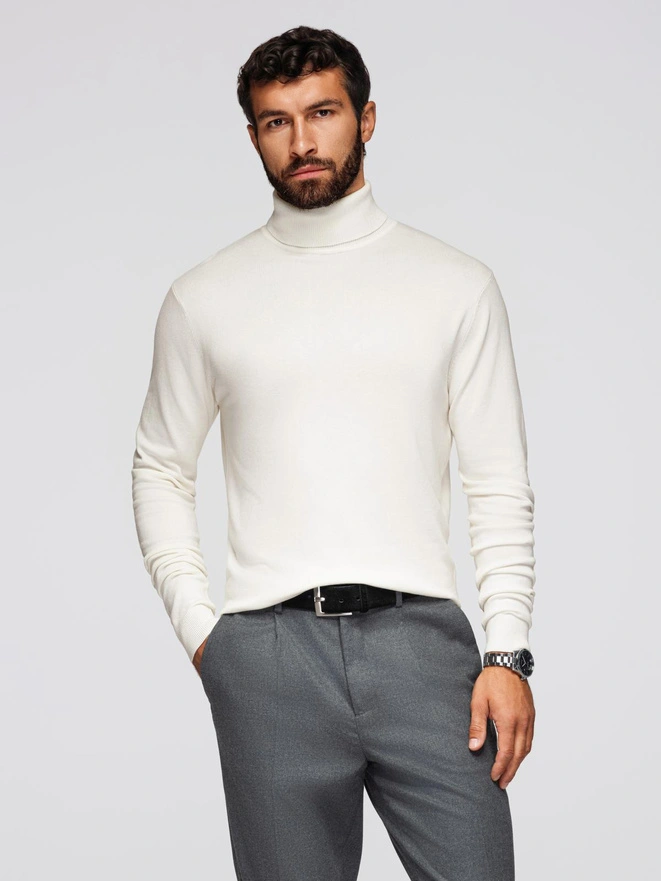 Men's knitted fitted turtleneck with viscose - ecru V3 OM-SWTN-0101
