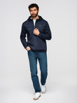 Men's lightweight jacket of combined materials with hood and decorative quilting - navy blue V4 OM-JANP-0160