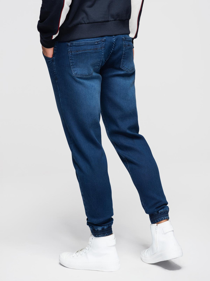 Pantaloni jogger din denim pentru bărbați cu talie cu nervuri - albastru închis V3 OM-PADJ-0242