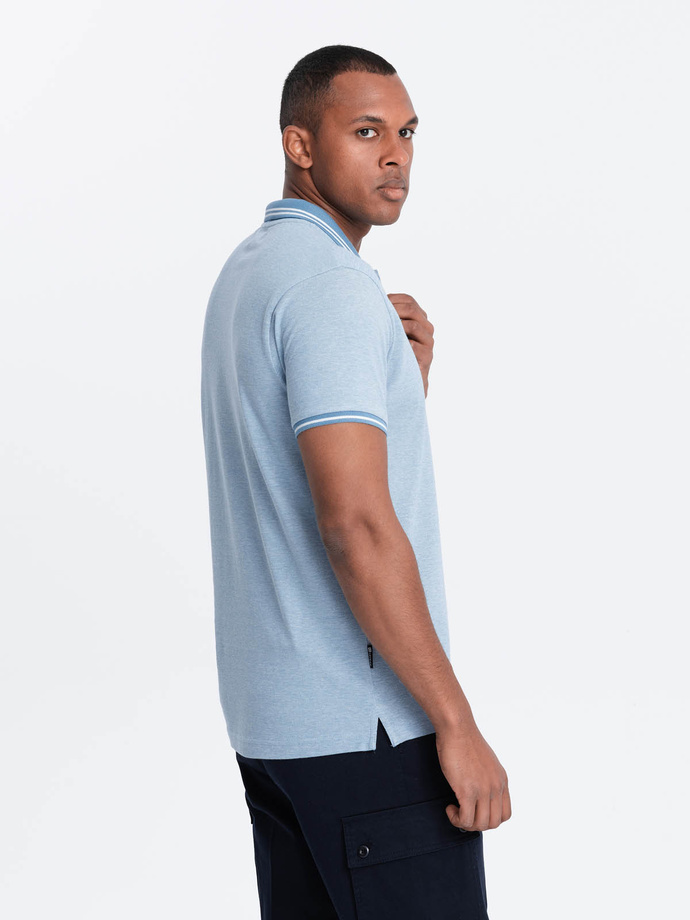 Men's melange polo shirt with striped collar - blue V3 OM-POSS-0109