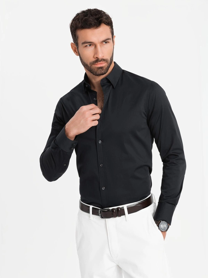 Classic men's SLIM FIT shirt in satin fabric - black V4 OM-SHOS-0176