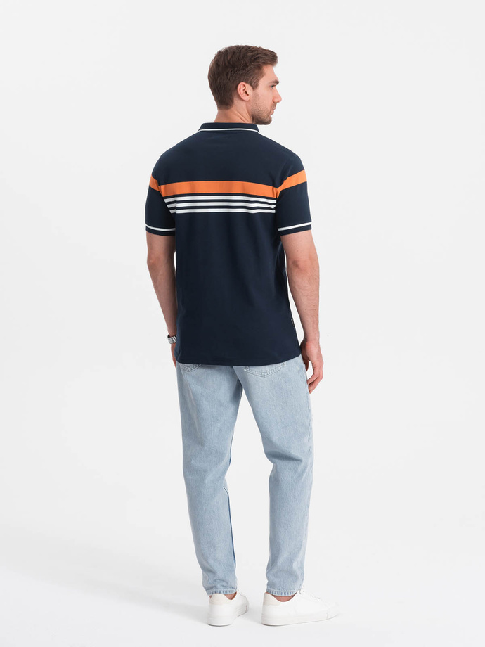 Fitted men's polo shirt with two-tone stripes - navy blue V1 OM-POSS-0127