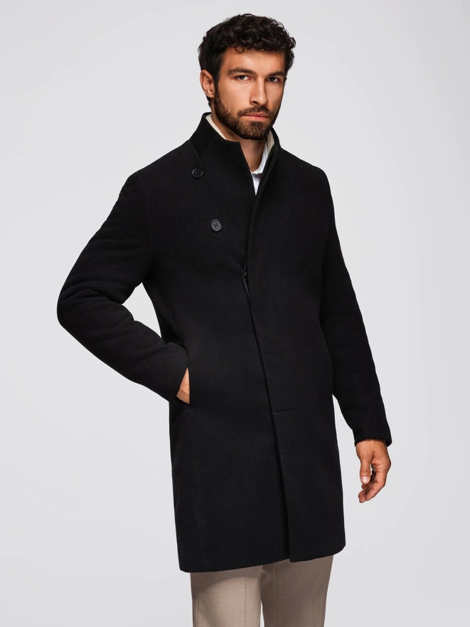 Men's coat with high collar and asymmetrical fastening - black V2 OM-COWC-0141
