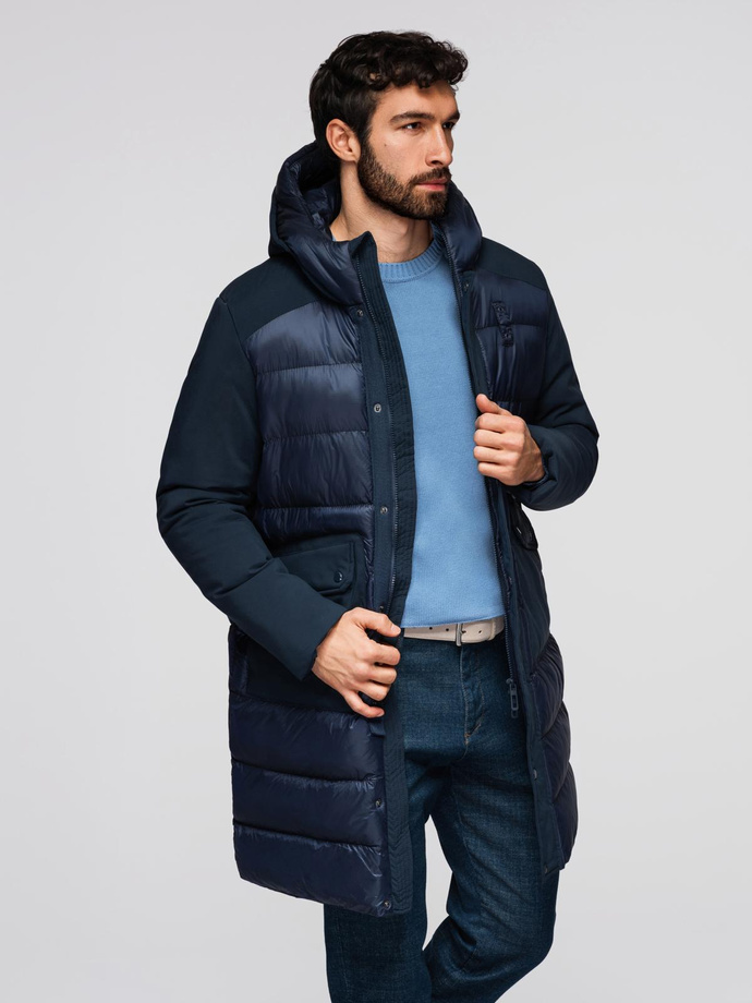 Men's quilted long jacket with large pockets - navy blue V4 OM-JALJ-0165