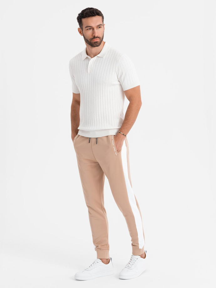 Men's sweatpants joggers with contrasting stripes - beige V4 OM-PASK-0229