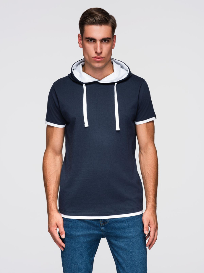 Men's cotton t-shirt with hood - navy blue V4 OM-TSCT-0256