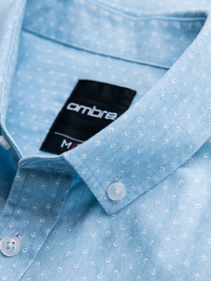 Men's patterned thin denim shirt with pocket - light blue V1 OM-SHDS-0179