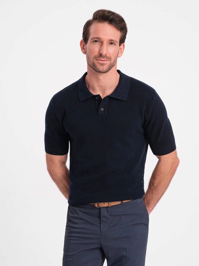 Men's structured knit polo shirt - navy blue V2 OM-POSS-0117