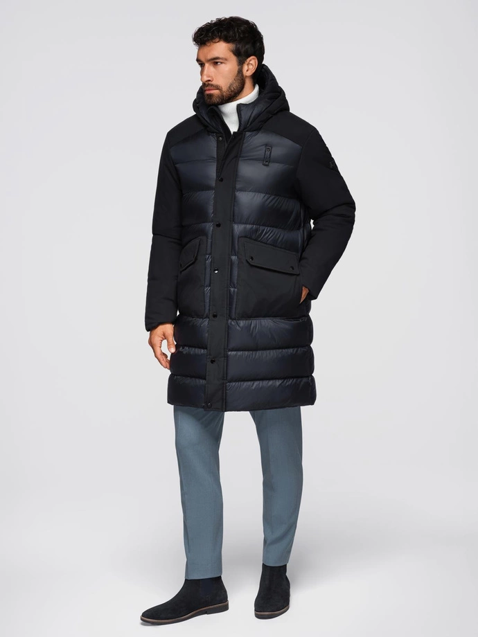 Pánská dlouhá prošívaná bunda s velkými kapsami - černá V1 OM-JALJ-0308