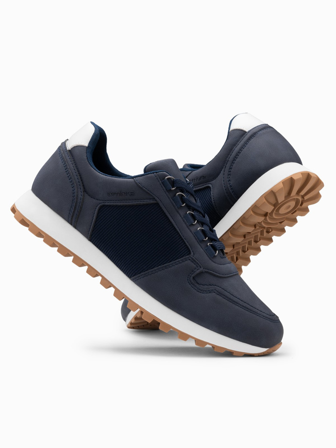 Patchwork shoes men's sneakers with combined materials - navy blue V6 OM-FOSL-0144