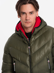 Men's quilted winter jacket with combined materials - dark olive green V3 OM-JAHP-0145