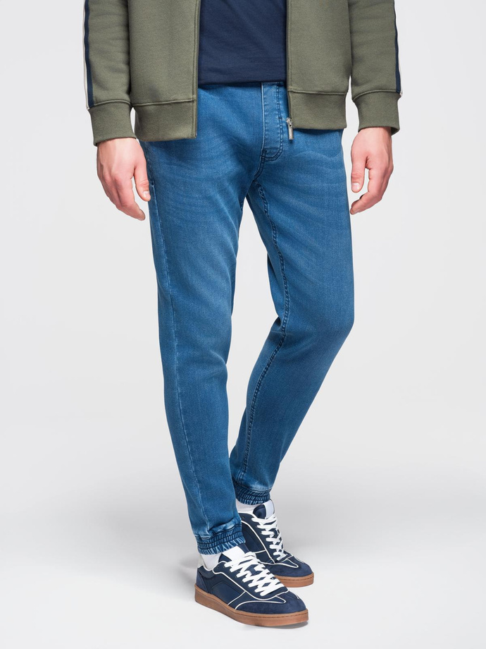 Men's denim jogger pants with drawstring waist - blue V1 OM-PADJ-0242