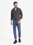 Vyriški SLIM FIT languoti flaneliniai marškiniai - tamsiai mėlyni ir oranžiniai V1 OM-SHCS-0145