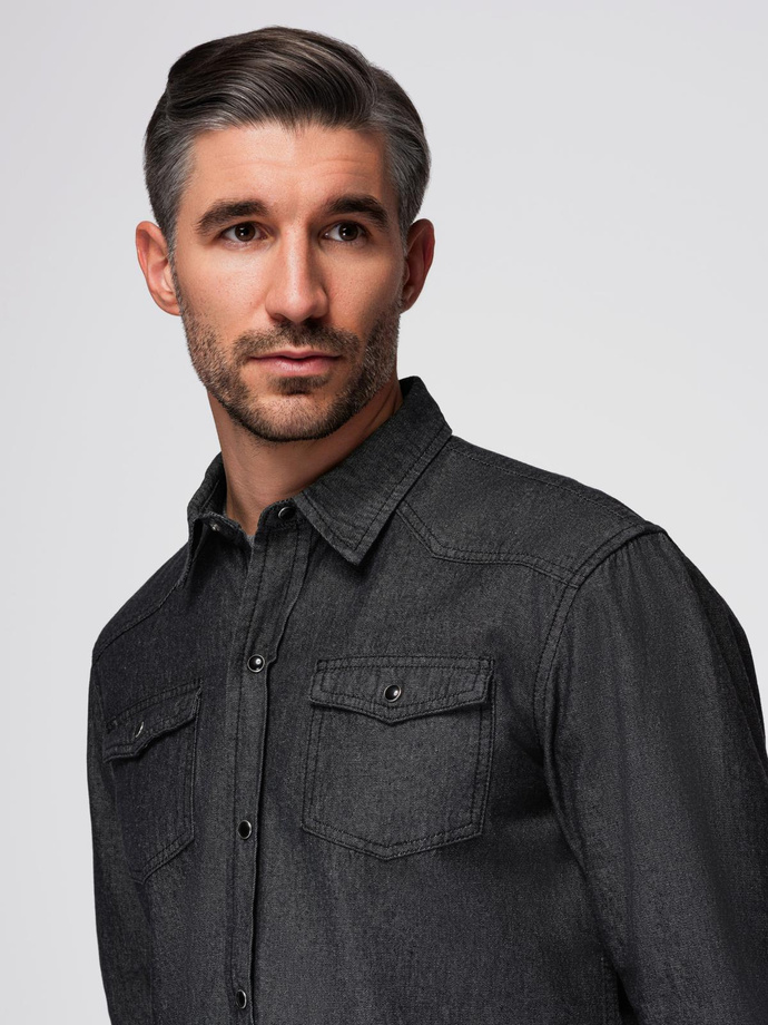 Men's denim snap shirt with pockets - black V3 OM-SHDS-0210