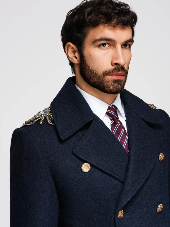 Men's double-breasted coat with wool and decorative shoulder applications - V1 navy blue OM-COWC-0150