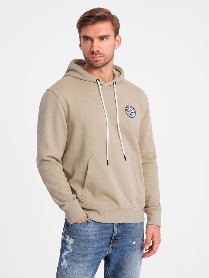 Men's kangaroo sweatshirt with hood and college style patch - sand V3 OM-SSNZ-0144