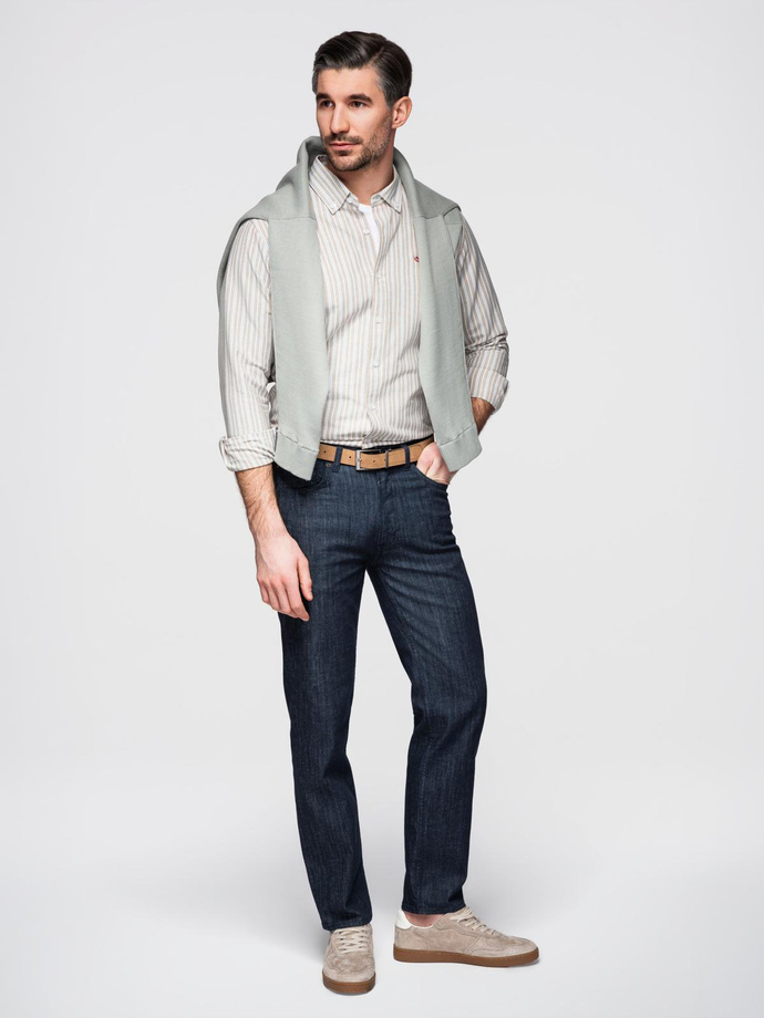 Men's cotton REGULAR FIT shirt with fine stripes - beige V1 OM-SHOS-0170