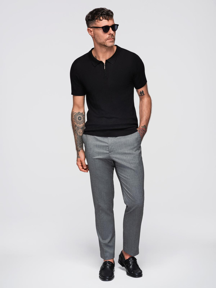 Tricou polo pentru bărbați cu fermoar la decolteu - negru V2 OM-POSS-0158