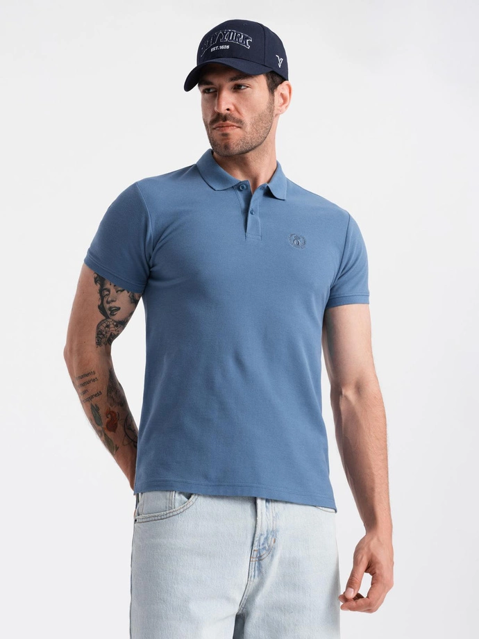BASIC men's single color pique knit polo shirt - blue V16 OM-POBS-0100
