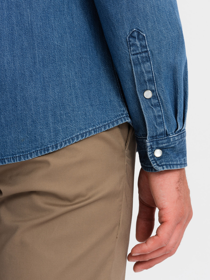 Cămașă bărbătească din denim cu buzunare și fermoar frontal - albastru V2 OM-SHDS-0115