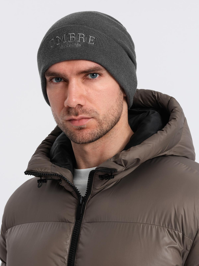 Men's knitted beanie hat with embroidered inscription - graphite V2 OM-ACWH-0120