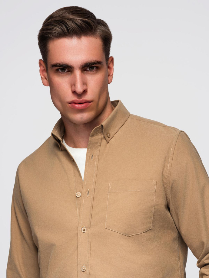 Men's REGULAR FIT cotton shirt with pocket - light brown V2 OM-SHOS-0153