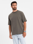 Men's LOOSE FIT cotton t-shirt with round neckline - dark olive V7 OM-TSBC-0234