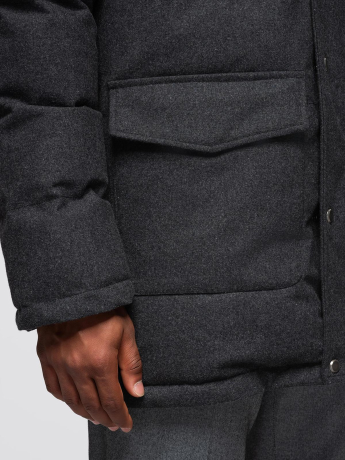 Jachetă parka lungă și călduroasă pentru bărbați din lână - negru melange V2 OM-JALJ-0217