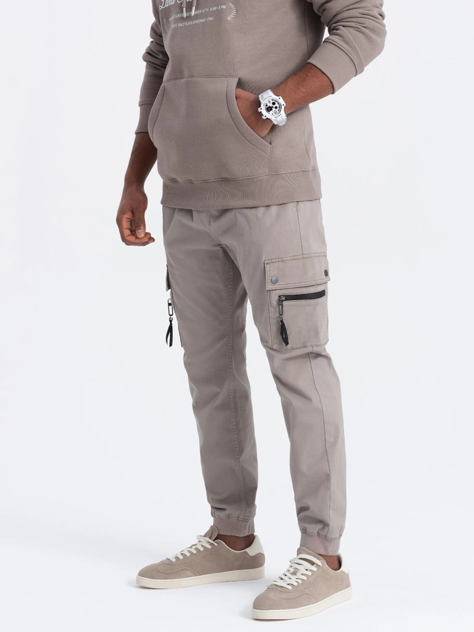 Men's JOGGER pants with zippered cargo pockets - dark beige V2 OM-PAJO-0125