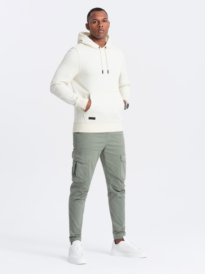 Men's BASIC cotton kangaroo hooded sweatshirt - cream V5 OM-SSBN-0161