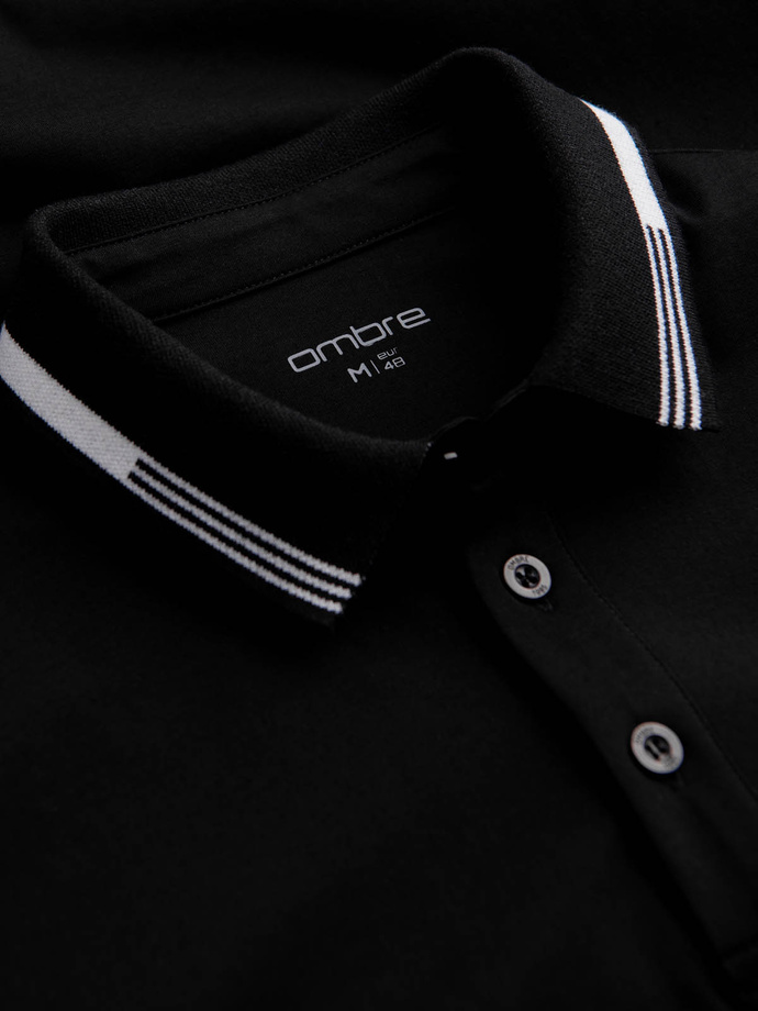 Tricou polo pentru bărbați din elastan cu elemente contrastante - negru V2 OM-POSS-0123