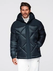 Men's hooded jacket with geometric diamond quilting - navy blue V2 OM-JAHP-0237