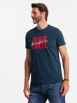Tricou bărbătesc din bumbac cu logo dublu - albastru marin V3 OM-TSPT-0210 