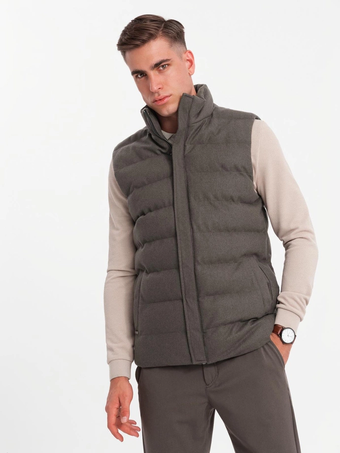 Men's quilted wool sleeveless jacket - olive melange V4 OM-JAVJ-0200 