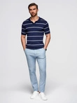 Men's horizontal striped polo shirt with viscose - navy blue and white V1 OM-POSS-0145