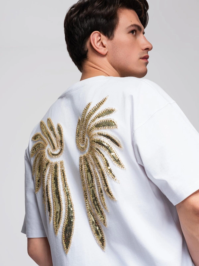 Men's cotton T-shirt with sequin wing motif on back - white V2 OM-TSCT-0289
