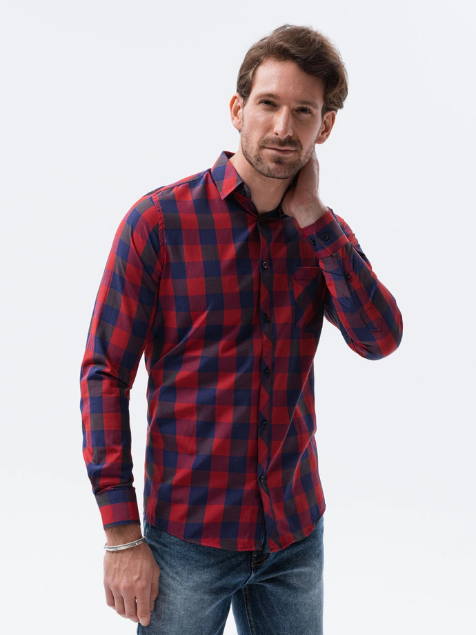 Men's check shirt with long sleeves - red/navy K282