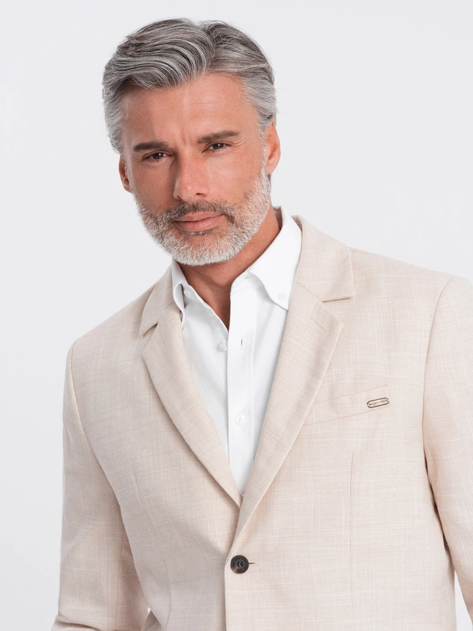 Pánske sako REGULAR strihu s ľanom - krémové V1 OM-BLZB-0128