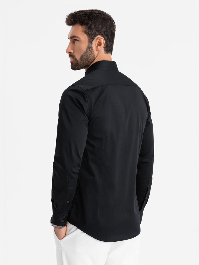 Klasikiniai vyriški SLIM FIT marškiniai iš atlasinio audinio - juodi V4 OM-SHOS-0176