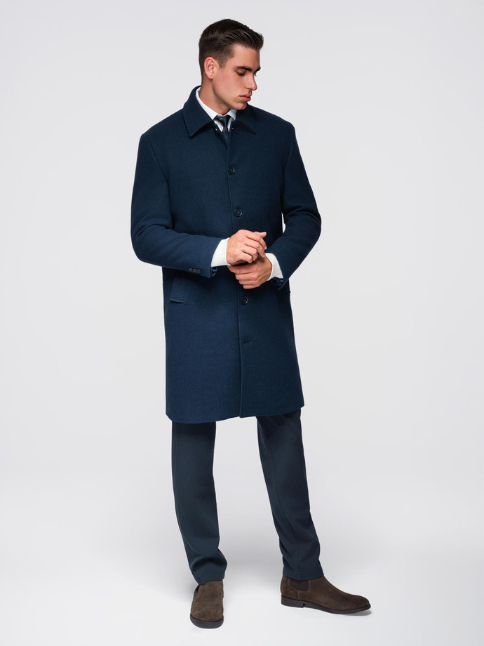 Men's long single-breasted coat with collar and undercoat - black V1 OM-COWC-0106