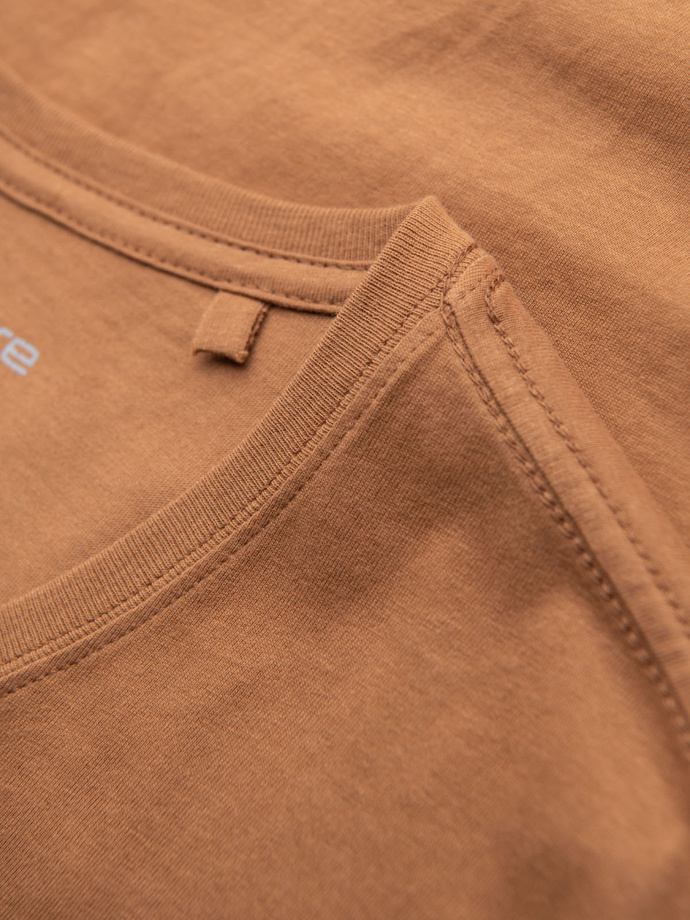 Bumbac clasic pentru bărbați BASIC tricou cu guler în V - maro V10 OM-TSBS-0145