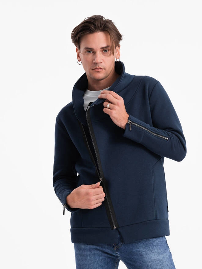 Unbuttoned men's sweatshirt with stand-up collar LONDON - navy blue B1362