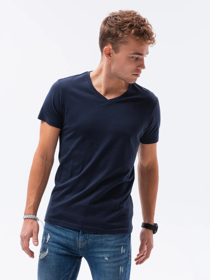 Tricou clasic BASIC cu guler în V pentru bărbați - albastru închis V2 S1369