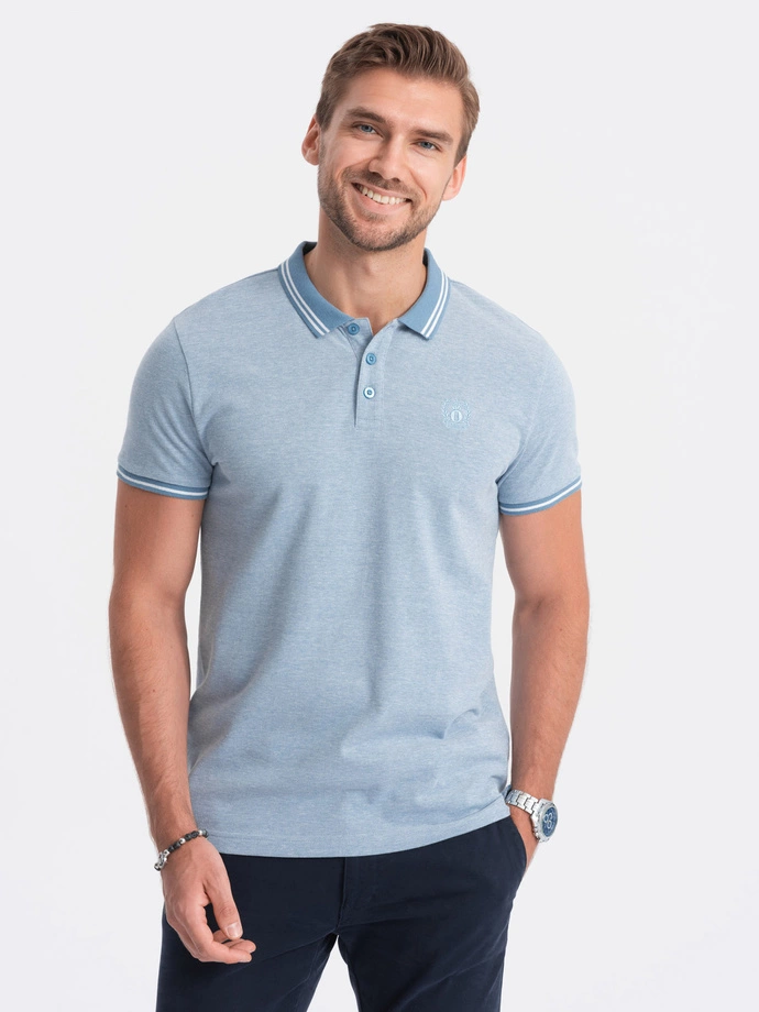 Men's melange polo shirt with contrast collar - blue V3 S1618