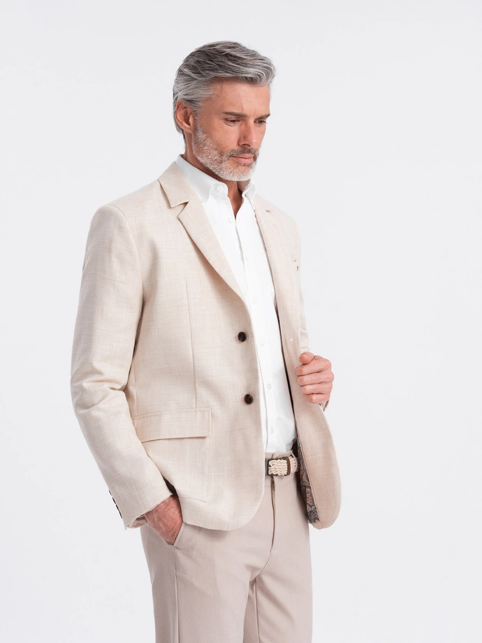 Men's REGULAR cut blazer with linen - cream V1 OM-BLZB-0128