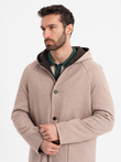 Vyriškas melanžinis ilgas paltas su gobtuvu - smėlio spalvos V2 OM-COWC-0122