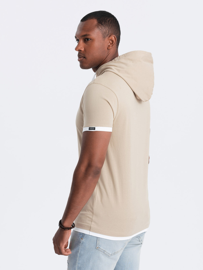 Men's casual cotton t-shirt with hood - beige V5 OM-TSCT-22SS-001