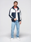 Men's contrast windbreaker jacket with hood - navy blue and white V1 OM-JANP-0228
