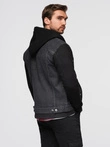 Men's denim jacket with knitted sleeves and hood - black V3 OM-JADJ-0220