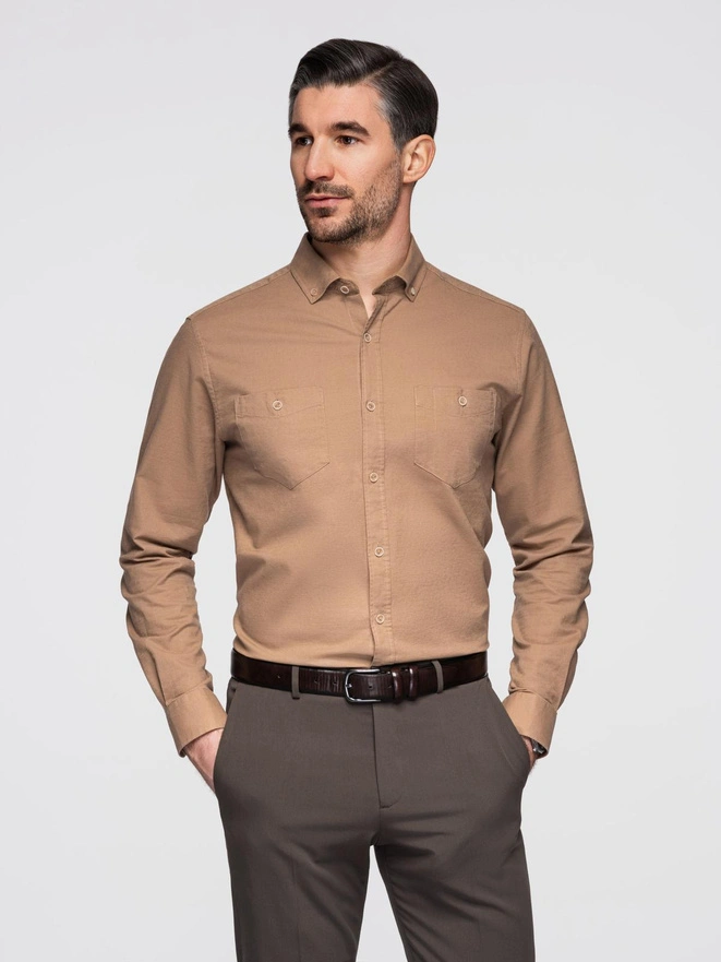 Men's linen shirt with classic collar and pockets REGULAR FIT - light brown V7 OM-SHCS-0134